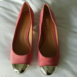 SCHUTZ Hot pink and gold studded square heels suede size 9.5 EUC